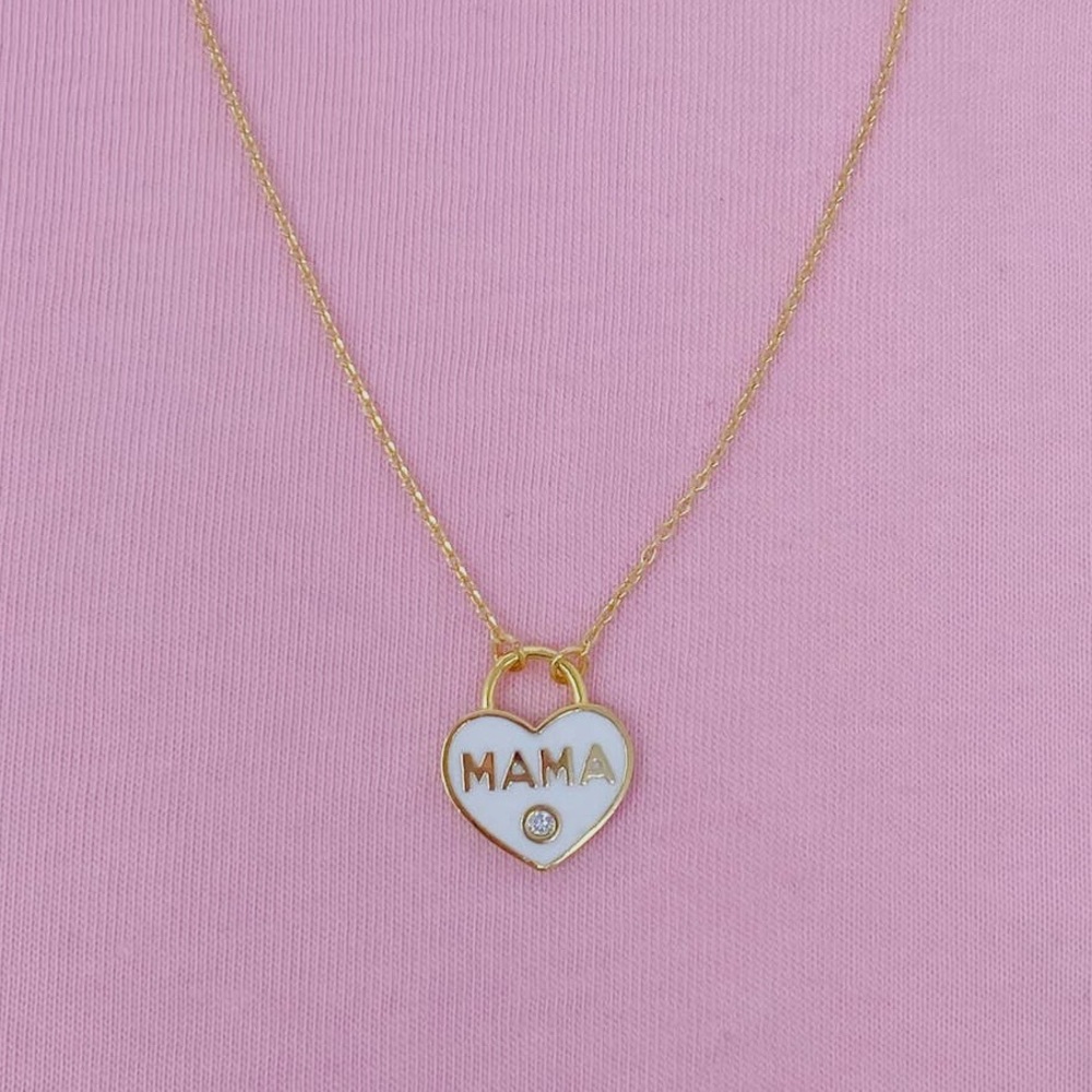 Mama Heart Locket Necklace Gold White Enamel Dainty Gift for Mom NWT